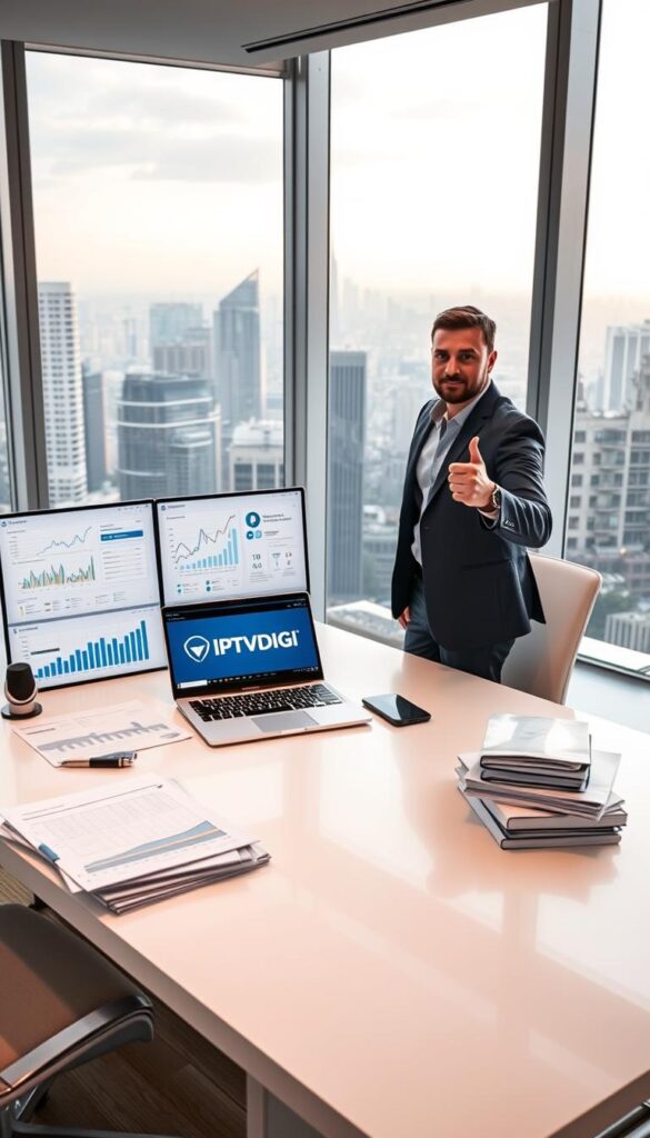 A sleek, minimalist office interior with large windows overlooking a bustling city skyline. On the desk, a laptop displays the IPTVDIGI logo, surrounded by growth charts, analytics dashboards, and a stack of business documents. The lighting is soft and warm, creating a professional yet aspirational atmosphere. In the foreground, a successful IPTV reseller stands confidently, gesturing towards the displays, their expression one of pride and determination. The overall scene conveys the potential for growth and success in the IPTV reseller business, as discussed on Reddit communities.