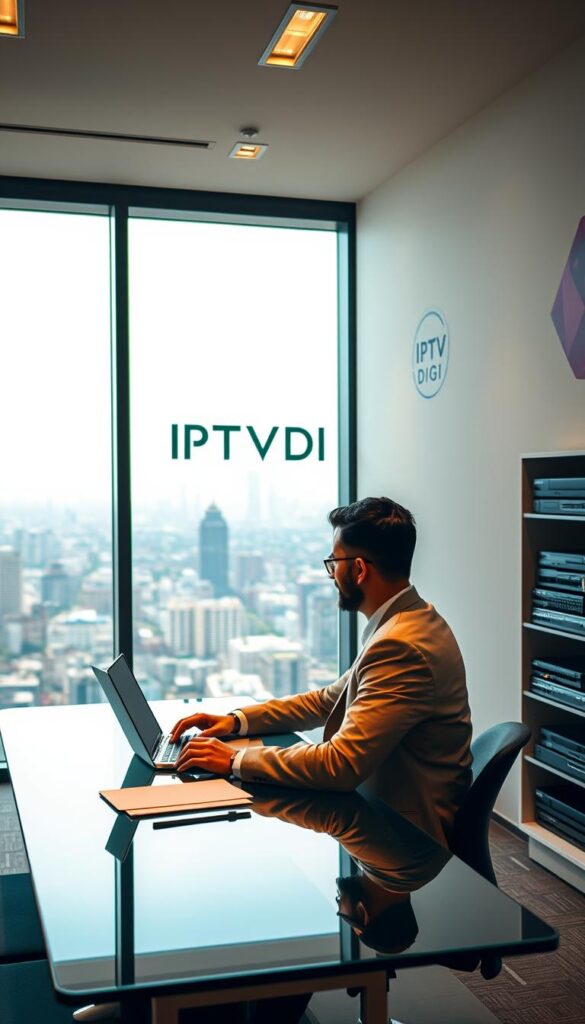 A sleek, minimalist office interior with large windows overlooking a bustling city skyline. The workspace is dominated by a prominent IPTVDIGI logo on the wall, bathed in warm, directional lighting. In the foreground, a businessman sits at a modern glass-topped desk, laptop open and papers neatly arranged, conveying a sense of professionalism and opportunity. The middle ground features shelves stocked with networking equipment, conveying the technical capabilities of the IPTV reseller service. The background blurs into a hazy urban landscape, suggesting the global reach and scale of the IPTV reseller business.