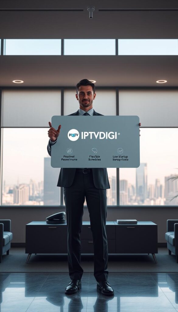 A sleek, minimalist office interior with large windows overlooking a vibrant city skyline. In the foreground, a well-dressed business professional stands confidently, gesturing towards a floating display showcasing the IPTVDIGI logo and key reseller benefits such as passive income, flexible schedules, and low startup costs. The lighting is soft and warm, creating a professional yet inviting atmosphere. The background features clean lines, modern furniture, and subtle branding elements, emphasizing the reliability and trustworthiness of the IPTVDIGI reseller program.