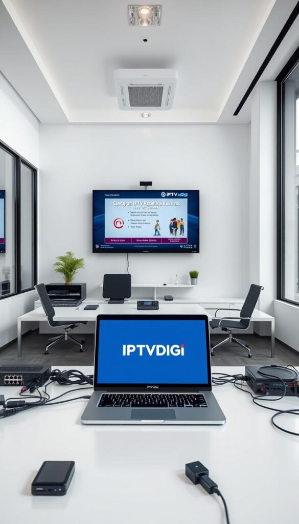 A sleek, minimalist office interior with modern furniture and equipment. In the foreground, a desk with a laptop displaying the IPTVDIGI logo, surrounded by various networking devices and cables. In the middle ground, a wall-mounted monitor showcases a presentation on starting an IPTV reselling business. The background features large windows, allowing natural light to fill the space and create a bright, professional atmosphere. The overall scene conveys a sense of efficiency, technology, and a well-organized IPTV reselling enterprise.
