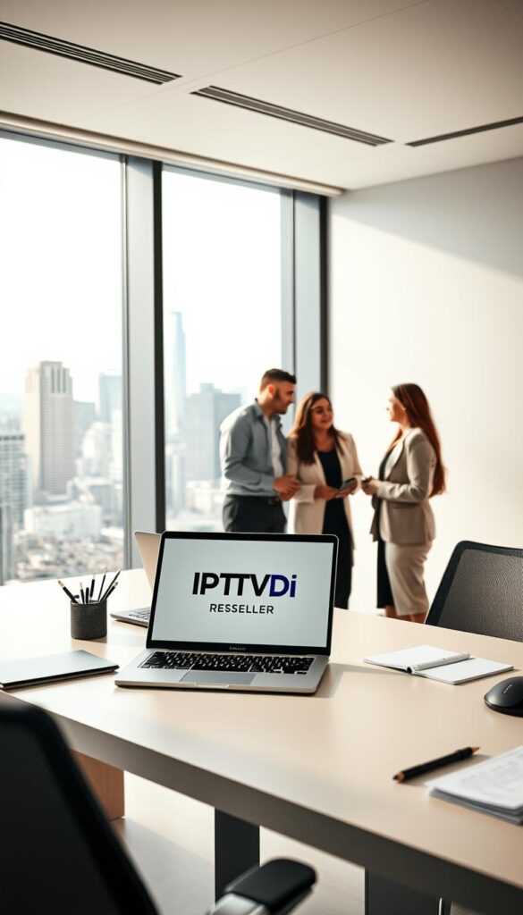 A sleek, minimalist office scene depicting the IPTV reseller business model. In the foreground, a desk with a laptop displaying the IPTVDIGI logo, surrounded by modern office supplies. The middle ground showcases a team of professionals collaborating, their expressions focused and determined. In the background, a large window overlooking a bustling city skyline, conveying a sense of growth and opportunity. The lighting is soft and natural, creating a professional and inviting atmosphere. The composition emphasizes the interconnected nature of the IPTV reseller program, with technology, teamwork, and a thriving market all playing a vital role.
