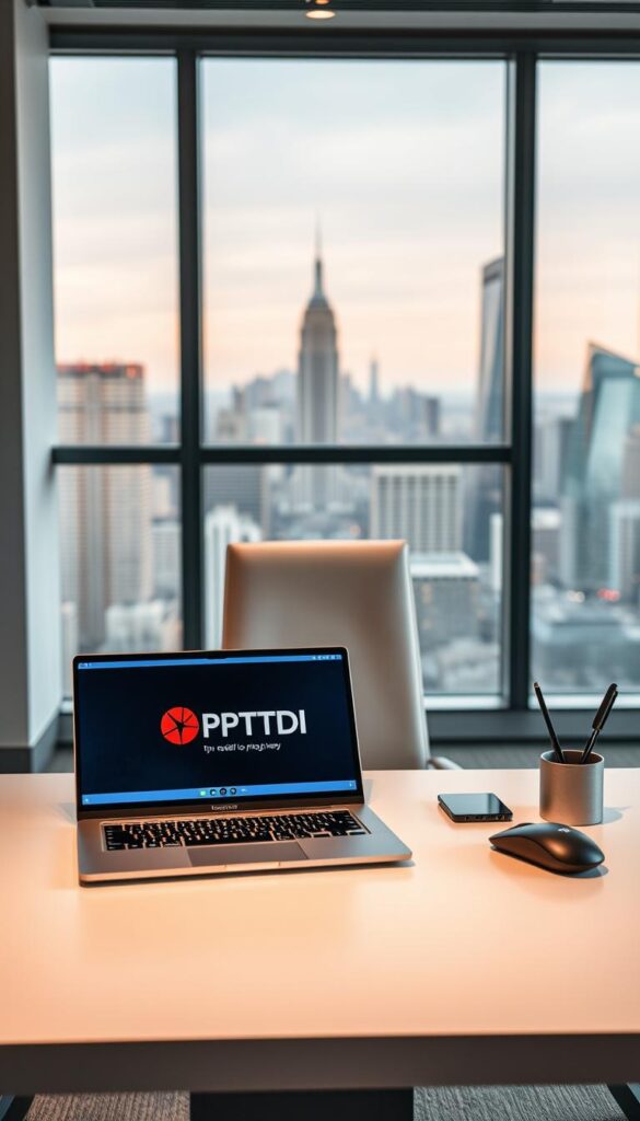 A sleek, minimalist office scene showcasing the IPTVDIGI IPTV reseller program. In the foreground, a stylish laptop displays the IPTVDIGI logo and interface, surrounded by modern office accessories like a wireless mouse and pen holder. The middle ground features a clean, white desk with a subtle texture, complemented by a comfortable office chair. In the background, a large window overlooking a bustling city skyline creates a sense of urban sophistication, bathed in warm, diffused lighting. The overall mood is professional, contemporary, and inviting, reflecting the opportunity and potential of the IPTV reseller business.