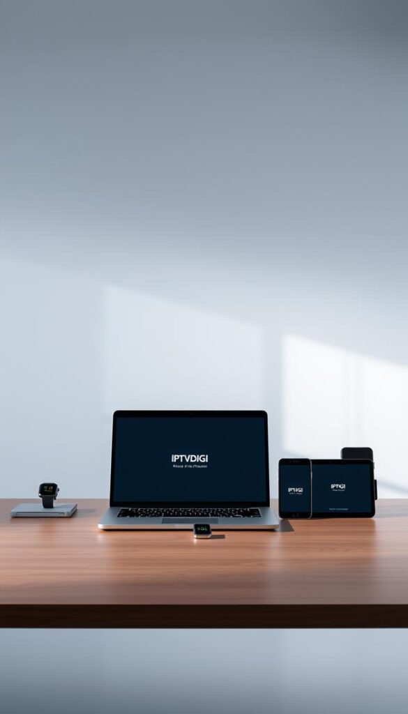 A sleek, minimalist office scene showcasing the multi-device compatibility of IPTVDIGI. In the foreground, an array of modern devices - a laptop, tablet, smartphone, and smartwatch - arranged neatly on a minimalist wooden desk, bathed in soft, diffused lighting. The middle ground features a clean, uncluttered workspace with a subtle IPTVDIGI logo visible on the laptop screen. The background is a simple, elegant gray wall, creating a sense of sophistication and professionalism. The overall tone is one of efficiency, reliability, and seamless integration across devices, perfectly capturing the essence of IPTVDIGI's multi-device support.