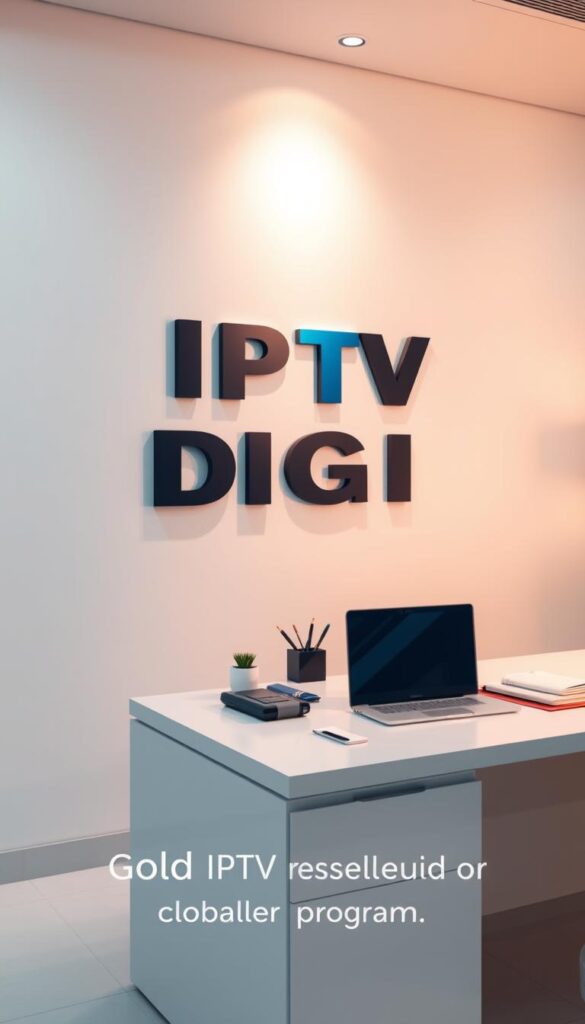 A sleek, minimalist office setting with a large, stylized "IPTVDIGI" logo prominently displayed on the wall. On the desk, a laptop and various office supplies, conveying a professional, business-oriented atmosphere. The lighting is soft and warm, creating a welcoming and inviting ambiance. The background features a blurred cityscape, hinting at the global reach and opportunities of the IPTV reseller program. The overall composition and color palette suggest a sense of sophistication, reliability, and the potential for growth and success as a Gold IPTV reseller.