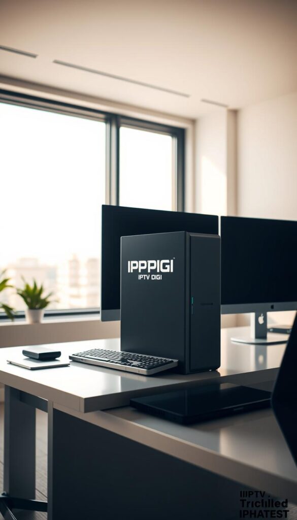 A sleek, minimalist office setup showcasing the IPTVDIGI brand. In the foreground, a high-end desktop computer with a clean, modern design sits atop a neatly organized desk. The middle ground features a sophisticated dual-monitor configuration, creating an efficient and professional workstation. In the background, a large window provides abundant natural lighting, casting a warm, productive atmosphere. The overall scene conveys a sense of technological prowess and business acumen, setting the stage for an IPTV Smarters Pro reseller operation.
