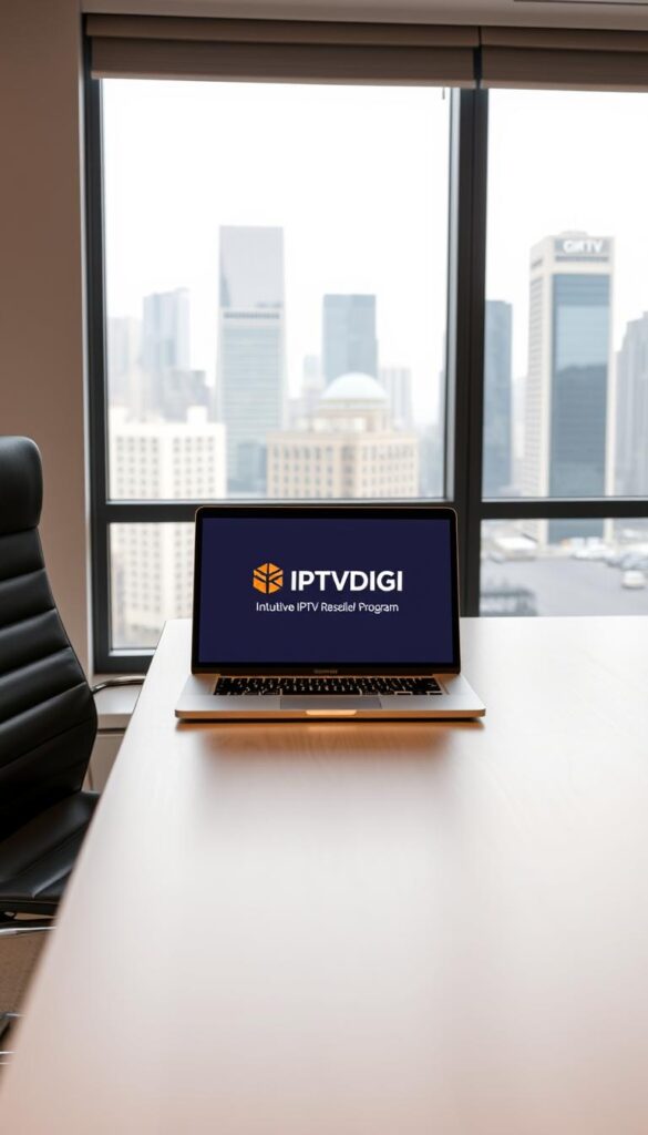 A sleek, minimalist office setup with a laptop displaying the "IPTVDIGI" brand logo, showcasing an intuitive IPTV reseller program interface. The laptop is placed on a clean, wooden desk, with a modern office chair nearby. Soft, indirect lighting creates a professional and inviting atmosphere, highlighting the program's user-friendly design. In the background, a large window overlooking a cityscape creates a sense of urban sophistication, conveying the accessibility and affordability of the IPTV reseller plan.