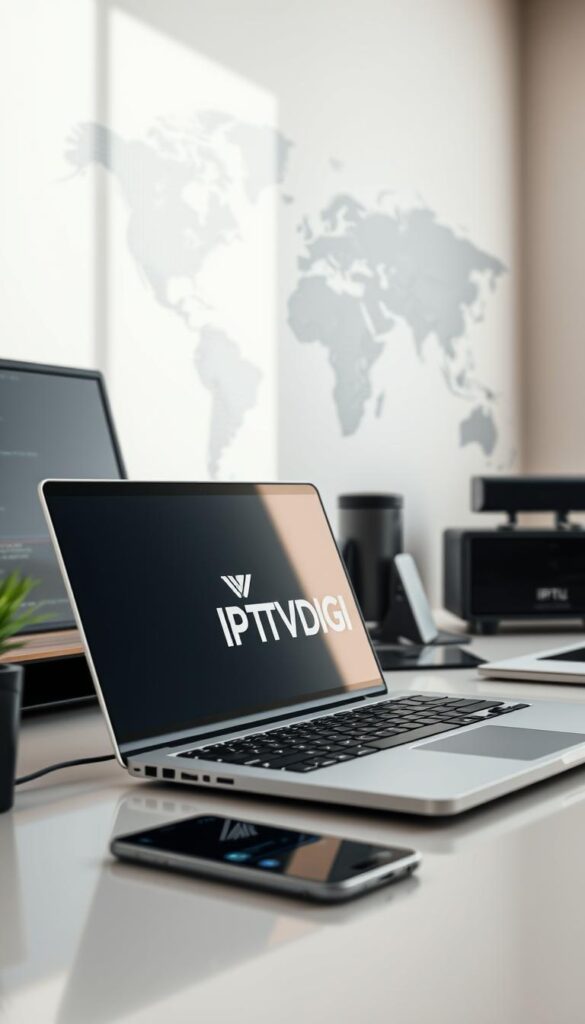 A sleek, minimalist office workspace with a laptop, smartphone, and various digital tools and resources for IPTV resellers. The laptop screen prominently displays the "IPTVDIGI" brand logo, hinting at the specialized software and services. Soft, natural lighting illuminates the scene, creating a professional and focused atmosphere. In the background, a stylized world map or data visualization suggests the global reach and technical complexity of the IPTV reseller ecosystem. The overall composition conveys the essential tools and resources needed for a successful IPTV reseller business.