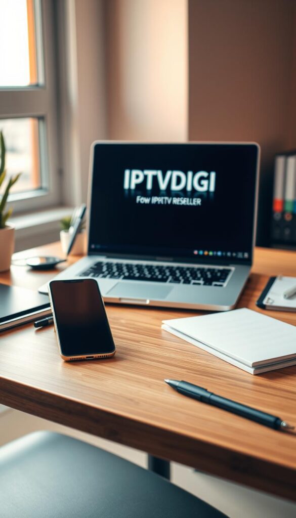 A sleek, minimalist office workspace with a laptop, smartphone, and various office supplies arranged neatly on a wooden desk. The IPTVDIGI logo is prominently displayed on the laptop screen, indicating this is the essential setup for an IPTV reseller. Warm, directional lighting from a window casts a subtle glow, creating a professional and productive atmosphere. The scene is captured from a slightly elevated angle, emphasizing the clean, organized layout of the desk and equipment. The background is blurred, keeping the focus on the key reseller requirements in the foreground.