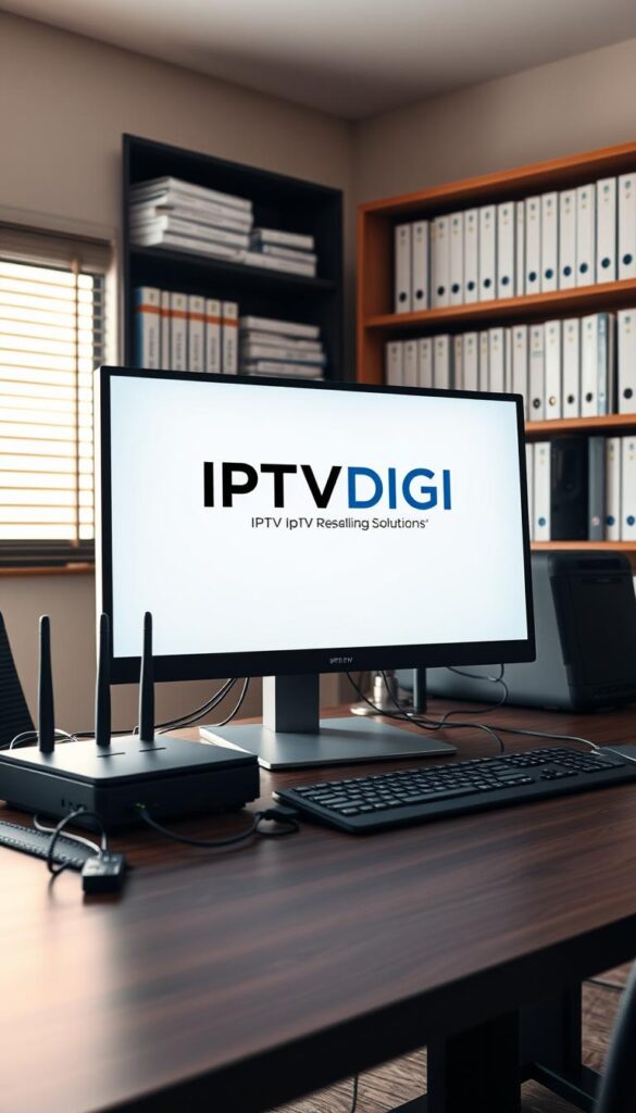 A sleek, minimalist office workspace with a large desktop computer monitor displaying the IPTVDIGI logo. The monitor is surrounded by various networking equipment, such as a router, modem, and ethernet cables, conveying the technical nature of IPTV reselling solutions. The desk is made of dark wood, and the room is bathed in warm, directional lighting, creating a professional and productive atmosphere. In the background, there are shelves filled with technical manuals and reference materials, hinting at the depth of knowledge required for IPTV reselling. The overall scene suggests a well-equipped, sophisticated IPTV reselling operation.
