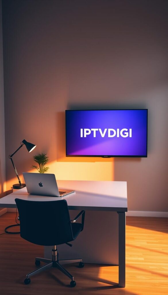 A sleek, minimalist office workspace with a large monitor displaying the IPTVDIGI logo. The screen is the focal point, surrounded by a tidy desk with a stylish laptop, a modern desk lamp, and a potted plant. The room is bathed in warm, directional lighting, casting subtle shadows and creating a professional, productive atmosphere. The walls are a muted gray, and the floor is a smooth, hardwood. The overall scene conveys the concept of an IPTV reseller program - a modern, efficient, and well-organized digital enterprise.