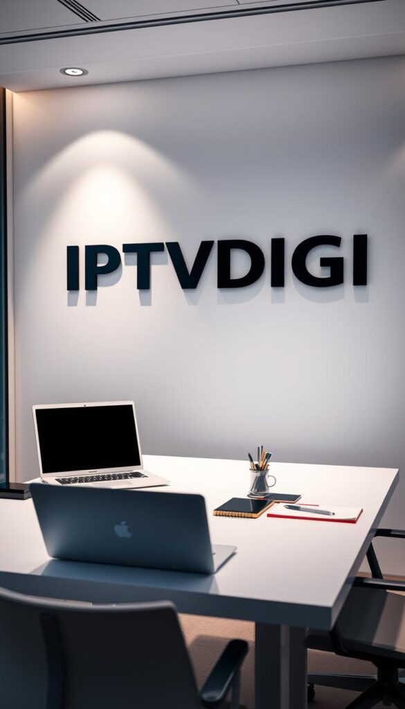 A sleek, minimalist office workspace with a large, prominently displayed "IPTVDIGI" logo on the wall. The workspace features a clean, modern desk with a laptop, notepad, and various office supplies. Soft, indirect lighting illuminates the scene, creating a professional and focused atmosphere. In the background, a blurred cityscape is visible through a large window, suggesting a urban, cosmopolitan setting. The overall impression is one of a comprehensive, well-organized IPTV reseller guide and toolkit.