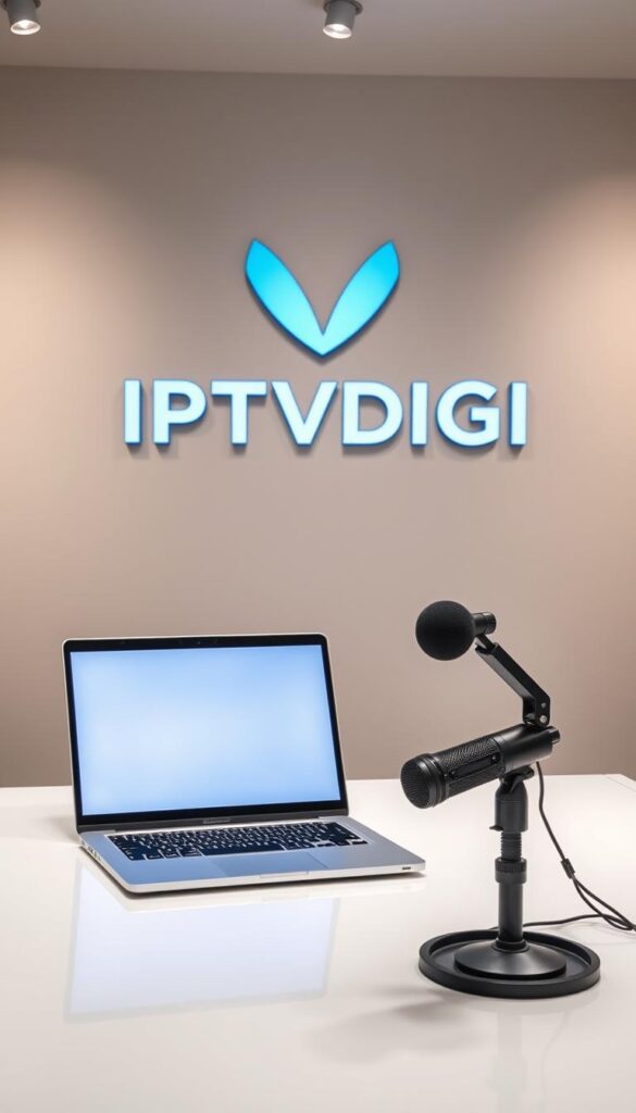 A sleek, minimalist office workspace with a large, prominently displayed IPTVDIGI logo. The desk is clean and uncluttered, with a high-end laptop, a premium-quality webcam, and a professional microphone setup. Soft, indirect lighting creates a warm, inviting atmosphere. The background features a blurred city skyline, hinting at the global reach and scale of the IPTVDIGI IPTV reseller business. The overall impression is one of a well-established, trustworthy, and technologically advanced IPTV reseller service.