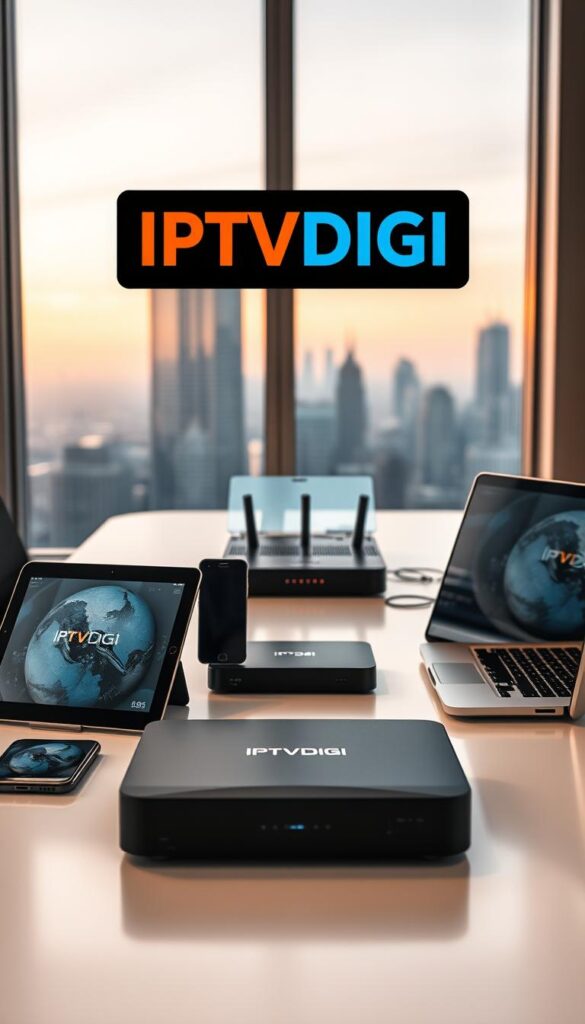 A sleek, minimalist office workspace with a prominently displayed IPTVDIGI logo. In the foreground, a modern multi-device setup showcases seamless compatibility, including a tablet, smartphone, and laptop. Soft, directional lighting illuminates the scene, creating a professional and technologically advanced atmosphere. The middle ground features carefully arranged IPTV hardware components, such as a streaming box and router, emphasizing the technical excellence of the IPTVDIGI system. The background subtly depicts a cityscape through large windows, hinting at the global reach and versatility of the IPTVDIGI platform. The overall impression conveys a sense of sophisticated, cutting-edge technology that caters to the diverse needs of IPTV users.