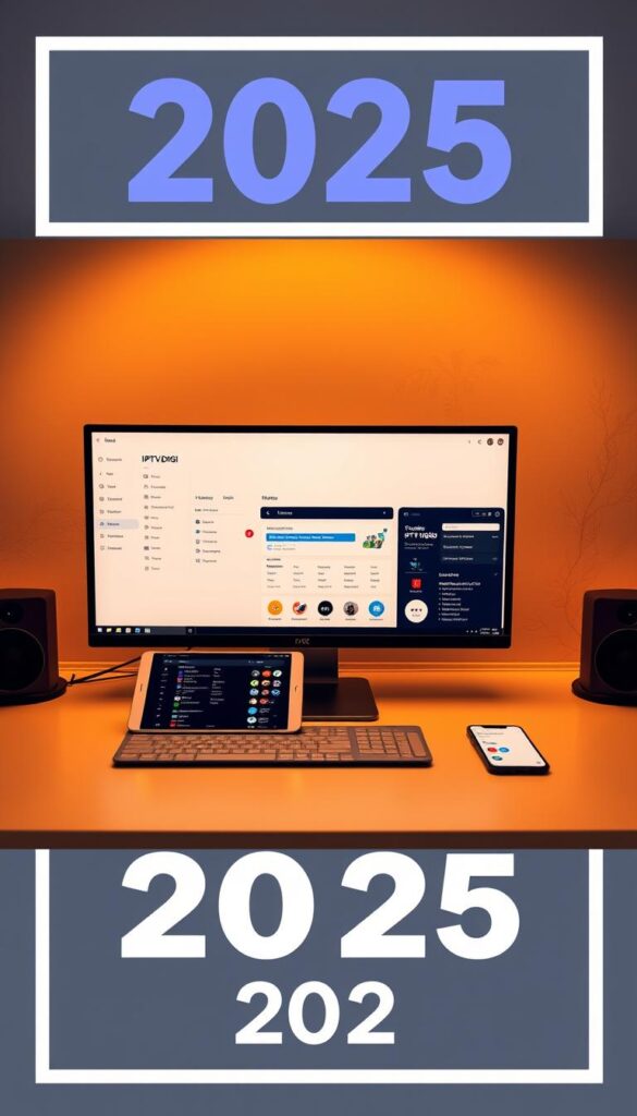 A sleek, minimalist software interface showcasing the IPTVDIGI brand, displayed on a modern desktop setup with a laptop, tablet, and smartphone. The software features a clean dashboard, intuitive navigation, and comprehensive management tools for IPTV resellers. Warm, indirect lighting illuminates the scene, creating a professional and efficient atmosphere. The layout emphasizes simplicity, functionality, and the seamless integration of devices, reflecting the top-tier capabilities of the IPTV reseller panel in 2025.