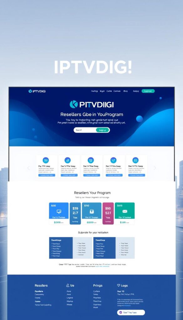 A sleek, minimalist-style web platform with the IPTVDIGI logo prominently displayed. The interface features a clean dashboard, intuitive navigation, and a vibrant color scheme of blues and grays. In the foreground, a user-friendly signup or login form invites resellers to join the program. The middle ground showcases various subscription packages and pricing details, presented in a well-organized manner. The background depicts a stylized cityscape or technology-inspired landscape, setting the tone for a modern, professional IPTV reseller experience.