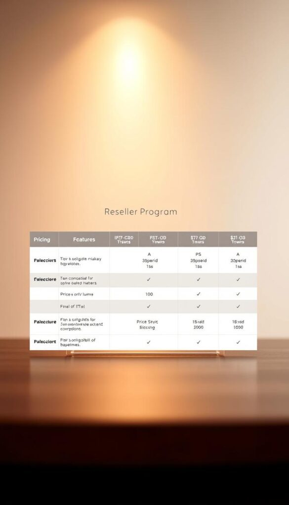 A sleek, minimalist table displaying IPTVDIGI's Reseller Program Pricing Structure. The table is set against a softly blurred, neutral-toned background, creating a clean, professional atmosphere. The layout is well-organized, with clear delineation of pricing tiers, features, and discounts. The text is crisp and legible, conveying the key information in a concise manner. Warm, directional lighting illuminates the table, lending a sense of depth and dimension. The overall composition is balanced and visually appealing, designed to effectively communicate the reseller program details.