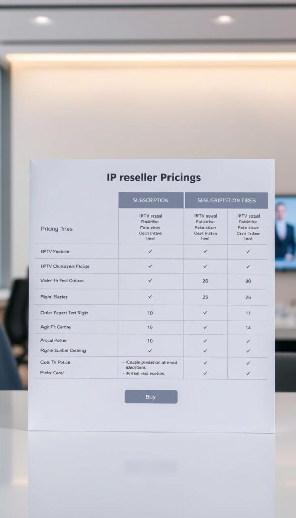 A sleek, minimalist table displaying the IPTVDIGI reseller pricing structure. The table has a clean, modern design with crisp lines and a neutral color palette, possibly in shades of gray, white, and black. The pricing tiers are clearly delineated, showcasing the various subscription options, features, and corresponding costs. The table is set against a softly blurred background, perhaps an office scene or a subtle pattern, allowing the pricing information to take center stage. The lighting is soft and evenly distributed, creating a professional and authoritative atmosphere. The overall impression should be one of clarity, organization, and attention to detail, reflecting the IPTVDIGI brand's commitment to providing a transparent and user-friendly reseller platform.