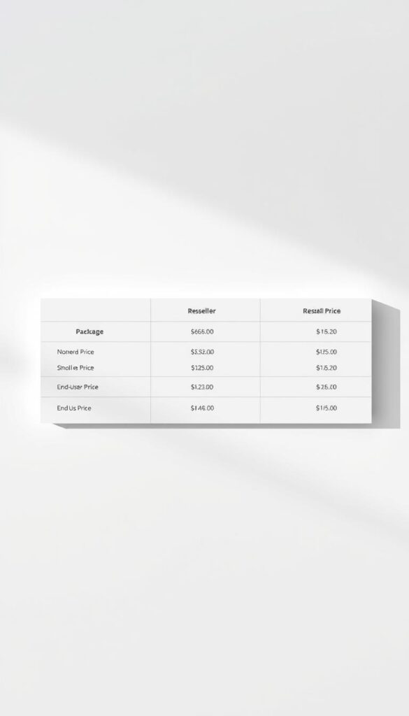 A sleek, minimalist table displaying the pricing structure for the IPTVDIGI reseller program. The table is positioned on a clean, light-colored background, creating a professional and organized visual. The table features three columns: "Package", "Reseller Price", and "End-User Price", with clear and concise labels. The packages are represented by icons or simple graphics that convey the offerings, such as the number of channels or features. The pricing information is presented in a clear, easy-to-read format, using a modern and elegant typeface. Subtle shadows and highlights add depth and dimension to the table, creating a sense of depth and tactility. The overall composition is balanced and visually appealing, drawing the viewer's attention to the key details of the IPTVDIGI reseller pricing structure.