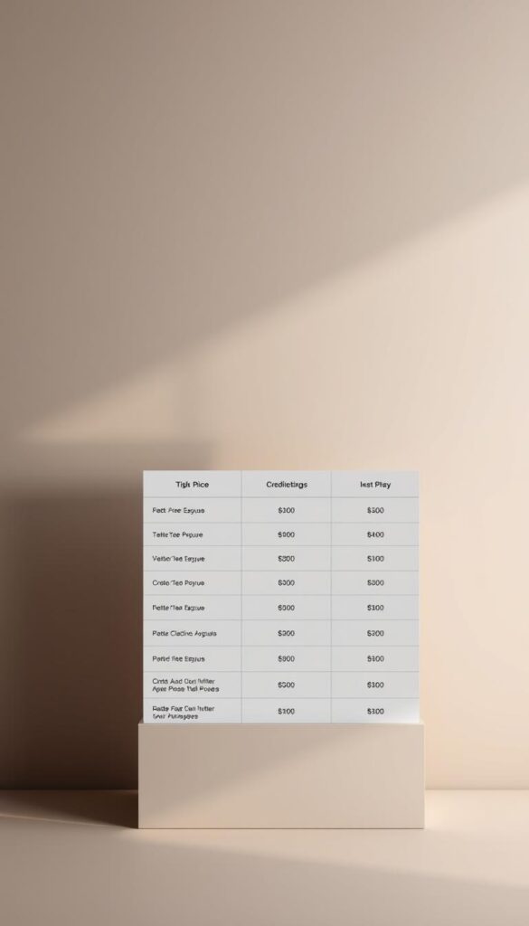 A sleek, minimalist table displaying the pricing structure of IPTVDIGI's credit system. The table is set against a muted, sophisticated background, with clean lines and a modern aesthetic. The columns show the different credit packages available, their respective prices, and the features or services included. The table is well-organized, easy to read, and conveys a sense of professionalism and attention to detail. The lighting is soft and diffused, creating a warm, inviting atmosphere. The overall composition is balanced and visually appealing, drawing the viewer's attention to the key information being presented.