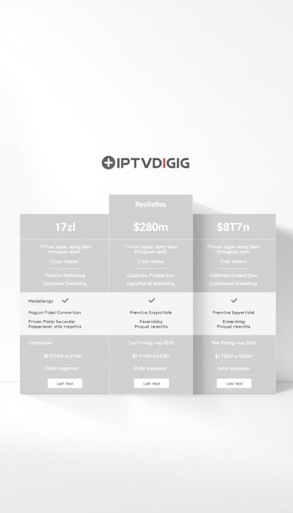 A sleek, minimalist table layout showcasing the IPTVDIGI reseller pricing tiers. The table has a clean, modern design with crisp lines and a neutral color palette of grays, whites, and light blues. The tiers are displayed in a grid-like structure, with clear delineation between the different plans and their corresponding features and pricing. The background is a soft, gradient-based backdrop that provides depth and focus to the table. Subtle textures and lighting effects add depth and a premium feel to the overall composition. The IPTVDIGI logo is prominently displayed, conveying the brand's authority and expertise in the IPTV reseller space.