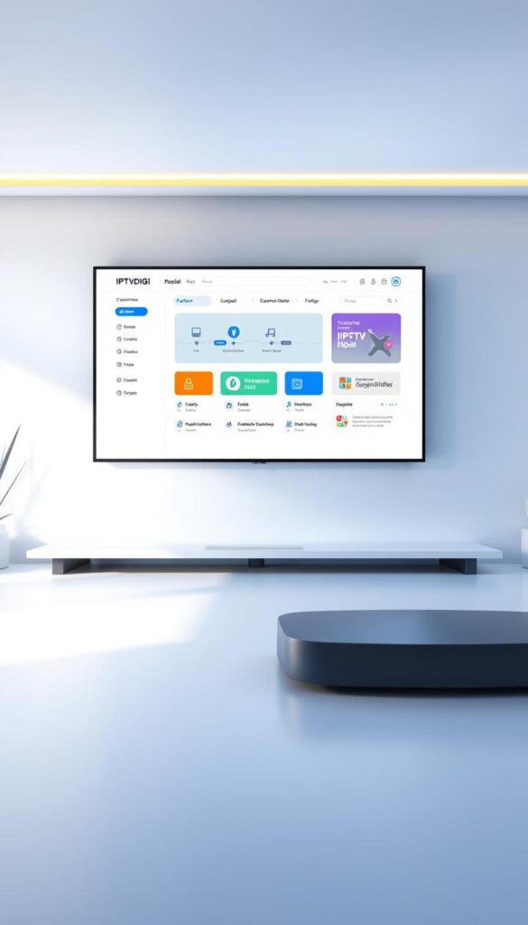 A sleek, minimalist web interface showcasing the IPTVDIGI reseller portal. In the center, a large display panel presents key features and functionality in a clean, organized layout. Surrounding it, a modern aesthetic with subtle gradients, geometric shapes, and a neutral color palette create a professional, user-friendly atmosphere. Soft, directional lighting illuminates the scene, highlighting the portal's intuitive design and user-friendly controls. The overall impression is one of a powerful, yet accessible reseller platform that empowers users to manage their IPTV business seamlessly.