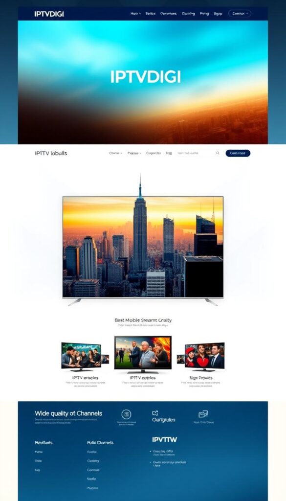 A sleek, minimalist website design showcasing the IPTVDIGI brand. The homepage features a large hero image of a vibrant city skyline, with the IPTVDIGI logo prominently displayed. The navigation menu is clean and intuitive, guiding users to key sections like channel packages, pricing, and signup. In the middle ground, a series of high-quality product shots highlight the IPTV services, emphasizing the wide range of channels and reliable streaming quality. The background features subtle geometric patterns and a cool color palette, conveying a sense of professionalism and trust. Lighting is soft and diffused, creating a sophisticated, premium atmosphere. The overall design reflects the reliability and expertise of the IPTVDIGI brand, inspiring confidence in potential customers.