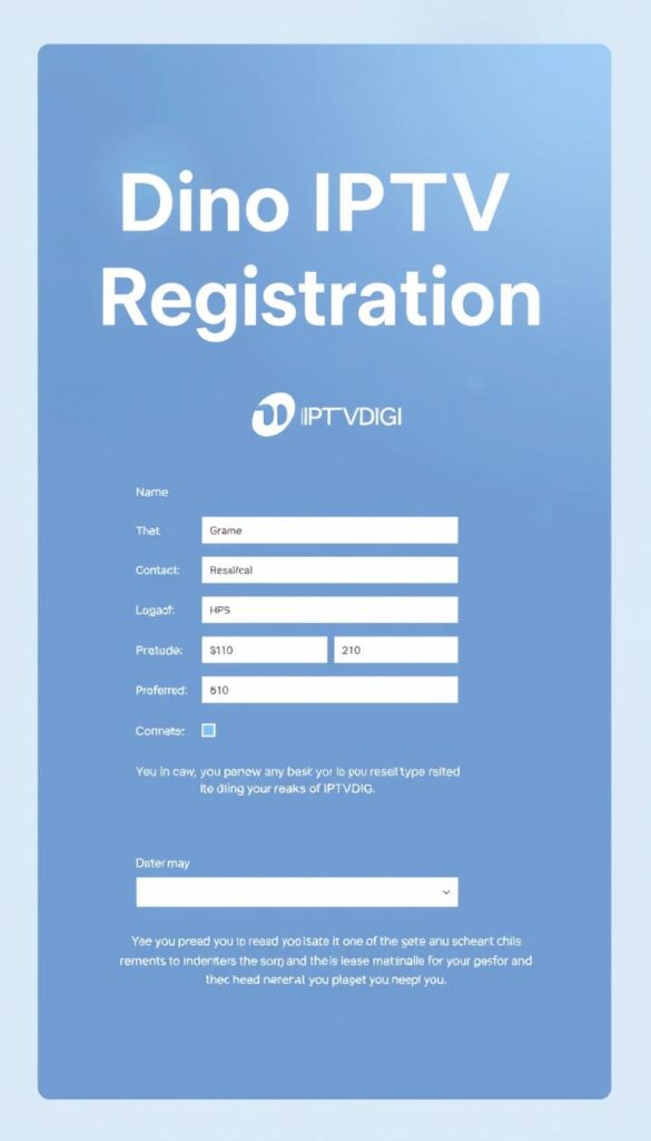 A sleek, minimalist website interface with a prominent "Dino IPTV Reseller Registration" title prominently displayed. The design features a clean, professional look with a cool color palette of blues and grays. The layout includes input fields for crucial reseller details like name, contact information, and preferred payment method. A stylized "IPTVDIGI" logo adds a touch of branding to the scene. Elegant typography and subtle visual cues guide the user through the registration process, creating an efficient and user-friendly experience.