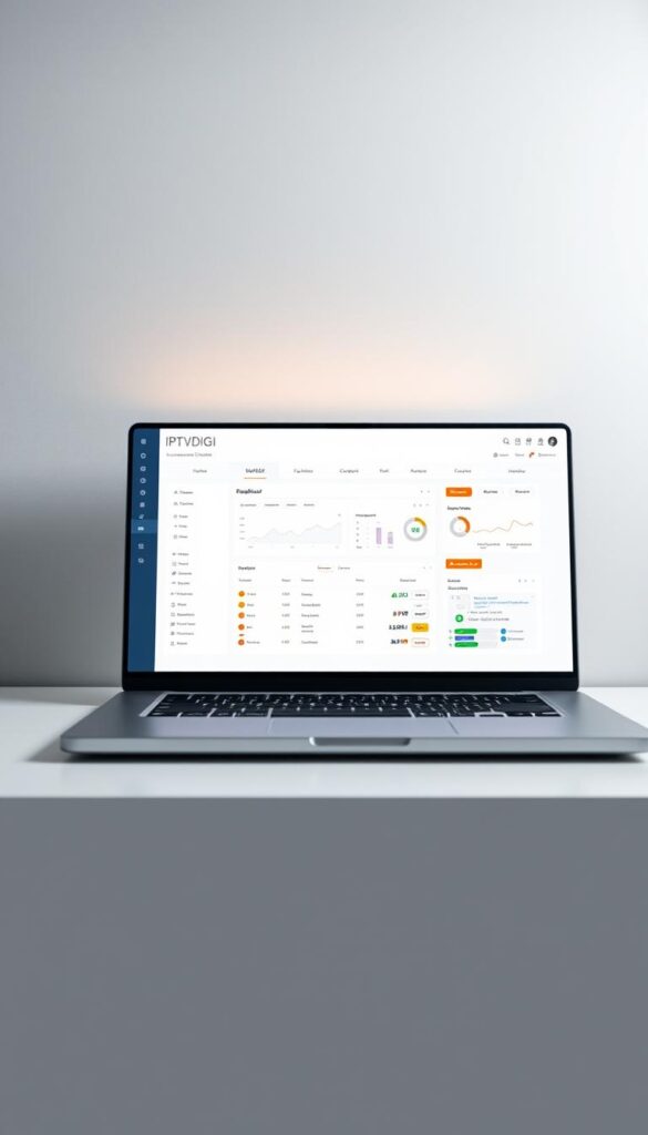 A sleek, minimalist white label IPTV reseller panel interface, displayed on a laptop screen. The panel features the IPTVDIGI brand name prominently at the top, with a clean and intuitive dashboard layout showcasing key metrics and controls. The background is a soft, muted grey, creating a professional and modern atmosphere. Lighting is subtle, with a slight directional glow illuminating the panel. The camera angle is slightly elevated, providing a clear and comprehensive view of the reseller platform. The overall impression is one of a powerful, yet user-friendly tool for IPTV resellers to manage their business.