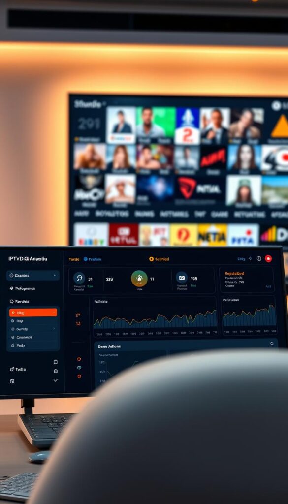 A sleek, modern IPTV reseller dashboard featuring the IPTVDIGI brand logo. The interface showcases a clean, intuitive layout with various analytics widgets displaying real-time data on user subscriptions, channel performance, and revenue. The dashboard is bathed in a soft, warm lighting that creates a professional and inviting atmosphere. In the background, a large, high-resolution display shows a selection of premium IPTV channels, hinting at the diverse content available to end-users. The overall scene conveys a sense of control, efficiency, and the power of the IPTV reseller platform.