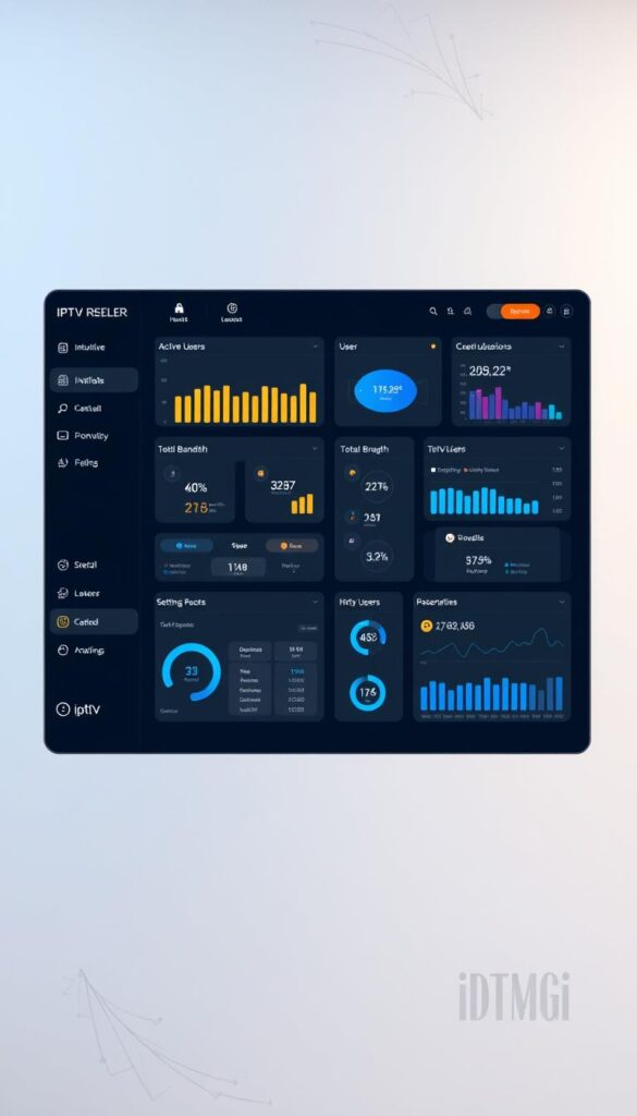 A sleek, modern IPTV reseller dashboard interface designed by IPTVDIGI. The dashboard features a clean, minimalist layout with intuitive navigation menus, detailed user and subscription analytics, and customizable branding options. The interface is bathed in a cool, sophisticated color palette of blues and grays, with elegant typography and subtle textures. In the foreground, a comprehensive overview of key performance metrics is displayed, including active users, total bandwidth, and revenue streams. The middle ground showcases intuitive tools for managing subscriptions, setting pricing tiers, and monitoring content delivery. In the background, a series of stylized data visualizations provide at-a-glance insights into the reseller's operation. The overall impression is one of a powerful, enterprise-grade platform that empowers IPTV resellers to efficiently manage their business.
