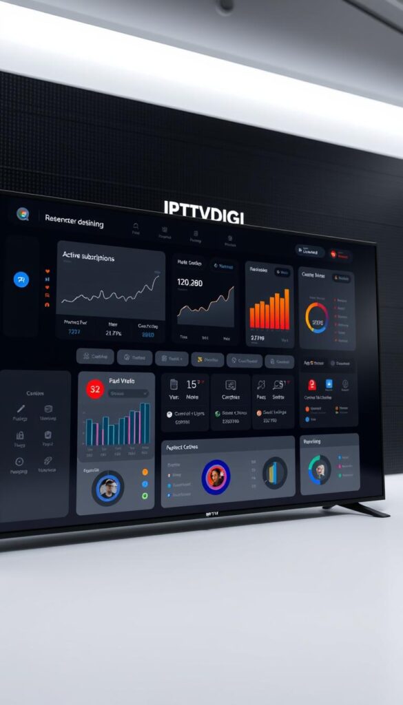 A sleek, modern IPTV reseller dashboard with the IPTVDIGI branding prominently displayed. The interface features a clean, minimalist design with sharp edges and a dark color scheme, creating a professional and sophisticated atmosphere. In the foreground, a centralized dashboard displays key metrics such as active subscriptions, revenue, and customer growth in elegant data visualizations. The middle ground showcases various administrative tools, including user management, content curation, and reporting capabilities, all accessible through a intuitive and responsive layout. In the background, a subtle pattern or texture adds depth and texture to the overall composition, while strategic lighting creates depth and highlights the dashboard's sophisticated aesthetics.