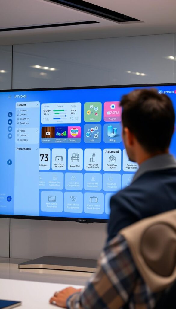 A sleek, modern IPTV reseller panel from IPTVDIGI, displayed on a large, high-resolution monitor. The panel features a clean, intuitive user interface with customizable dashboards, real-time analytics, and robust management tools. In the foreground, a user navigates the panel, accessing features such as channel management, subscriber management, and billing. The middle ground showcases advanced features like multi-device support, parental controls, and device compatibility information. The background depicts a professional office setting, with subtle lighting and a sense of technological sophistication.