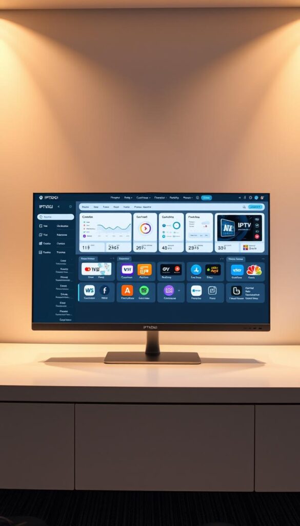 A sleek, modern IPTV reseller panel from IPTVDIGI, showcasing its intuitive user interface and powerful features. The panel is displayed on a clean, minimalist desk, bathed in warm, soft lighting that highlights its elegant design. In the foreground, various widgets and menus demonstrate the panel's comprehensive suite of tools, such as real-time analytics, customer management, and content curation options. The middle ground features a large, high-resolution display showcasing the panel's responsive and visually appealing layout, while the background subtly suggests a professional, office-like environment, creating a sense of professionalism and reliability.