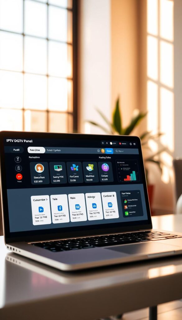 A sleek, modern IPTV reseller panel interface, displayed on a laptop screen in a stylish, minimalist office setting. The panel features the IPTVDIGI brand name prominently, with a clean, intuitive layout showcasing various subscription plans, customer management tools, and real-time analytics. Warm, natural lighting from a large window casts a soft glow, creating a professional and inviting atmosphere. The scene conveys the efficient and user-friendly nature of the IPTV reselling experience.