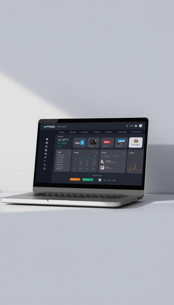 A sleek, modern IPTV reseller panel interface displayed on a laptop screen, set against a minimalist, gray-toned backdrop. The panel features a clean, intuitive layout with intuitive navigation, displaying real-time analytics, customer management tools, and the IPTVDIGI brand prominently featured. Soft, directional lighting from the side creates depth and highlights the panel's elegant design. The overall tone is professional, efficient, and conveys the capabilities of an IPTV reseller business.