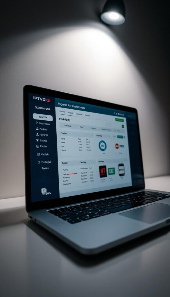 A sleek, modern IPTV reseller panel interface displayed on a laptop screen, with the IPTVDIGI logo prominently featured. The panel showcases a clean, intuitive dashboard for managing subscriptions, payments, and customer accounts. Soft, diffused lighting illuminates the scene, creating a professional and trustworthy atmosphere. The panel layout is visually appealing, with clear sections for different functionalities, making it easy for the user to navigate and perform various tasks. The overall impression is one of a powerful, yet user-friendly IPTV reseller platform that can streamline the management of an IPTV reseller business.