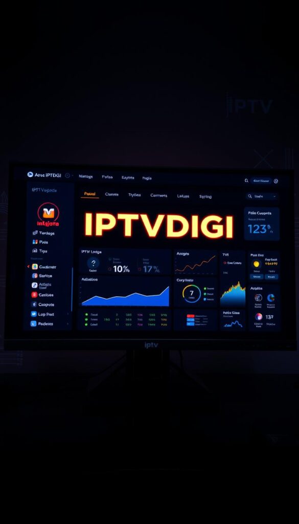 A sleek, modern IPTV reseller panel interface displayed on a large, high-resolution computer monitor. The panel features a clean, minimalist design with a dark color scheme, accented by vibrant, neon-like highlights. The foreground showcases the IPTVDIGI brand name prominently displayed, along with various intuitive controls and menus for managing customer accounts, subscriptions, and channel lineups. The middle ground depicts detailed graphs and analytics, providing a comprehensive overview of the reseller's performance and customer engagement. The background subtly blends digital patterns and subtle gradients, creating a sense of depth and technicality. The overall scene conveys a professional, efficient, and cutting-edge IPTV reseller experience.