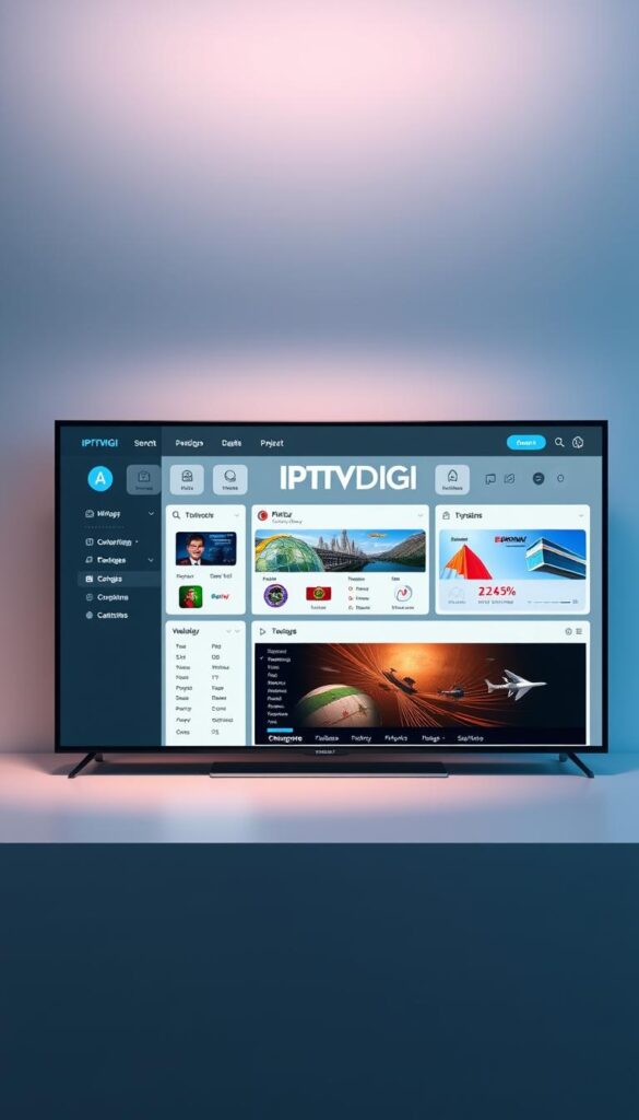 A sleek, modern IPTV reseller panel interface, prominently displaying the IPTVDIGI logo. The panel features a clean, minimalist design with intuitive navigation and customizable dashboards. In the foreground, a user-friendly dashboard showcases subscriber details, package information, and real-time analytics. The middle ground features a large video player, showcasing the high-quality IPTV streams available. The background is a subtle gradient, creating a professional and elegant atmosphere. Soft, directional lighting illuminates the panel, casting subtle shadows and highlights to enhance the depth and dimensionality of the scene. The overall impression is one of a powerful, state-of-the-art IPTV reseller platform that exudes reliability, efficiency, and a premium user experience.