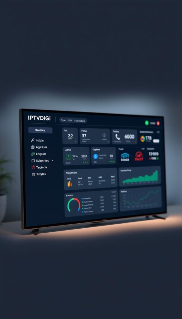 A sleek, modern IPTV reseller panel interface, showcasing the IPTVDIGI brand prominently. The panel features a clean, minimalist design with intuitive navigation, displaying real-time data on user accounts, subscription details, and streaming analytics. Soft lighting illuminates the panel, creating a professional and efficient atmosphere. The panel is presented at a slight angle, allowing for a clear view of the various features and functionality. The background is a neutral, blurred gradient, keeping the focus on the reseller panel itself.