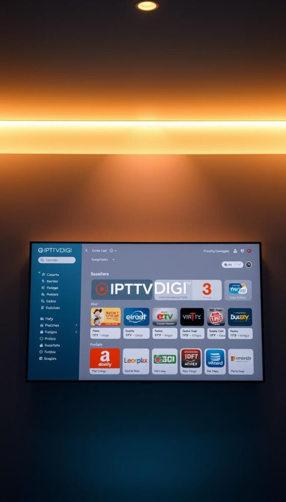 A sleek, modern IPTV reseller panel interface with the IPTVDIGI brand prominently displayed. The panel features a clean, minimalist design with intuitive navigation, showcasing a range of IPTV services and packages. The background is a sophisticated gradient, setting a premium tone. Subtle lighting from above casts a warm, golden glow across the panel, highlighting the attention to detail and high-quality nature of the IPTVDIGI platform. The overall impression is one of professionalism, reliability, and a user-friendly experience for IPTV resellers.