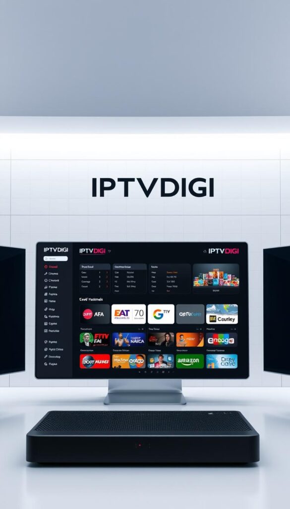 A sleek, modern IPTV reseller panel interface with the IPTVDIGI brand prominently displayed. The panel features a clean, minimalist design with intuitive navigation and customizable options. In the foreground, a dashboard showcases real-time statistics and metrics, allowing the user to monitor their IPTV reselling business. The middle ground features a user-friendly channel management system, where resellers can easily add, remove, and organize their IPTV content offerings. In the background, a subtle grid pattern and soft lighting create a professional, technology-driven atmosphere, emphasizing the panel's sophisticated and reliable nature.