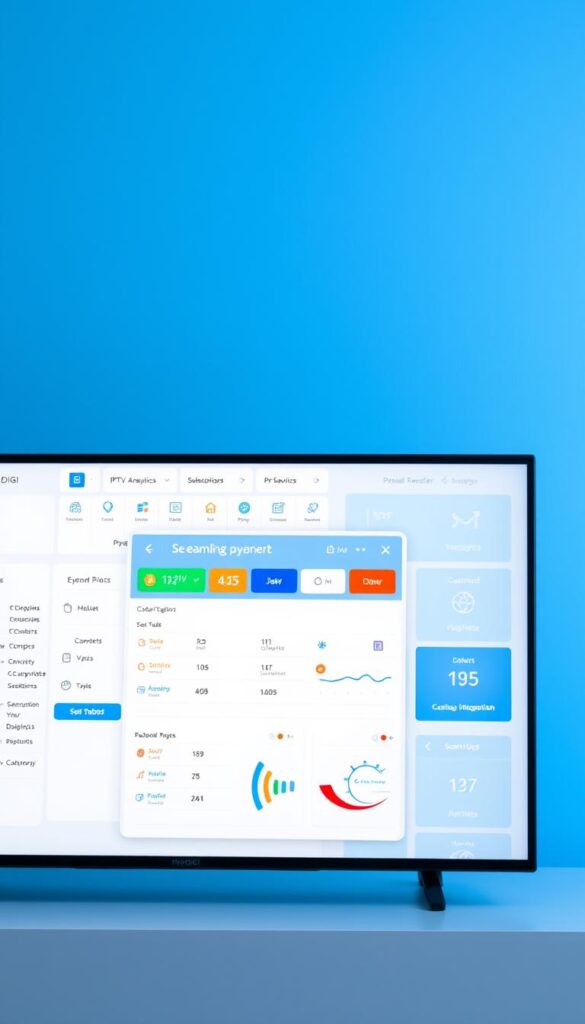A sleek, modern IPTV reseller panel interface with the IPTVDIGI brand prominently displayed. The panel features a clean, minimalist design with intuitive navigation and user-friendly controls. The foreground showcases the main dashboard, displaying real-time analytics, subscription management, and customer support tools. The middle ground highlights a seamless payment integration, allowing users to easily manage their IPTV services. The background subtly blends various shades of blue, evoking a sense of professionalism and trust. The lighting is soft and even, creating a visually appealing and inviting atmosphere for the IPTV reseller to operate their business.