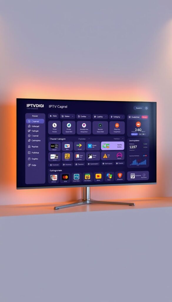 A sleek, modern IPTV reseller panel interface with the IPTVDIGI brand prominently displayed. The panel showcases a clean, intuitive dashboard with clear channel categories, subscription management tools, and analytical data visualizations. Warm lighting accentuates the panel's sophisticated design, creating a professional and trustworthy atmosphere. The interface is displayed on a large, high-resolution display, captured from a slightly elevated angle to convey a sense of authority and reliability. The background features muted, minimalist tones that draw the viewer's focus to the panel's key features and functionality.