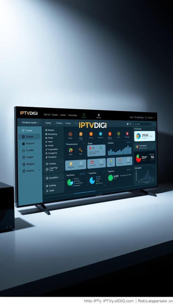 A sleek, modern IPTV reseller panel interface with the IPTVDIGI brand prominently displayed. The layout features a clean, minimalist design with intuitive navigation menus, user account management tools, and real-time analytics dashboards. The panel is illuminated by soft, directional lighting, casting subtle shadows and highlights that accentuate the elegant curves and surfaces. The background has a subtle gradient, creating depth and a sense of professionalism. The overall mood is one of efficiency, control, and a premium IPTV reseller experience.