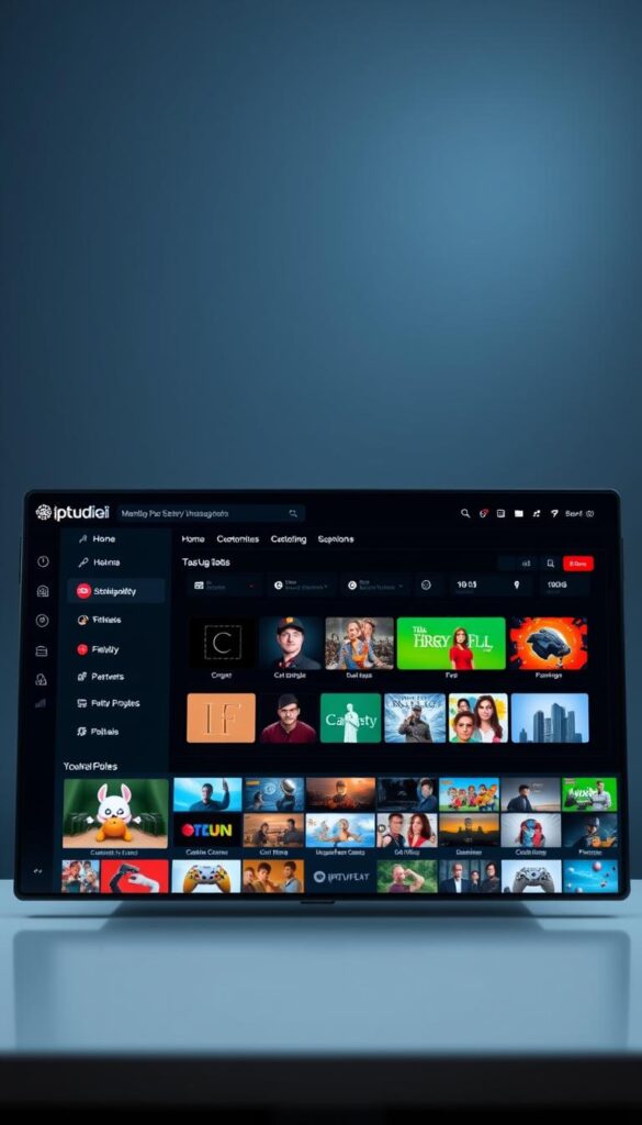A sleek, modern IPTV reseller panel interface with the IPTVDIGI brand prominently displayed. The panel features a clean, minimalist design with intuitive navigation and customizable options. In the foreground, a user-friendly dashboard showcases real-time analytics, customer management tools, and payment processing capabilities. The middle ground features a grid of channel thumbnails, allowing seamless content curation and management. In the background, a subtle gradient backdrop creates a professional, high-tech atmosphere. Crisp lighting and a shallow depth of field draw the viewer's focus to the panel's core functionalities.