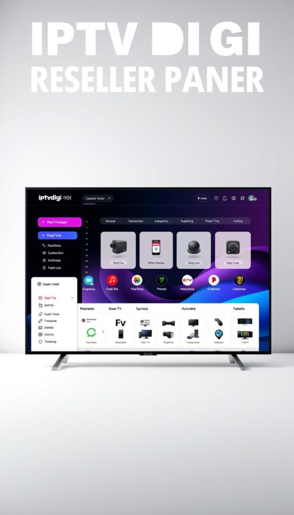 A sleek, modern IPTV reseller panel interface with the IPTVDIGI brand prominently displayed. The panel features a clean, minimalist design with intuitive navigation and customizable user profiles. In the foreground, a user's dashboard showcases real-time analytics, subscription management, and device activation controls. The middle ground depicts a range of supported device icons, including smart TVs, smartphones, and tablets, highlighting the panel's multi-device compatibility. The background features a subtle gradient, creating a sense of depth and sophistication. The lighting is soft and even, accentuating the panel's elegant aesthetics. The overall mood is professional, user-friendly, and geared towards empowering IPTV resellers to manage their business effectively.