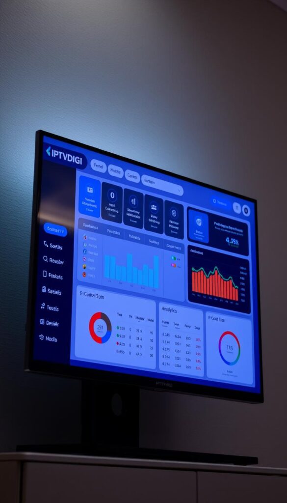 A sleek, modern IPTV reseller panel interface with the IPTVDIGI brand prominently displayed. The layout features a clean, minimalist design with intuitive navigation menus, user account management tools, and detailed reseller statistics and analytics. The panel is illuminated by soft, indirect lighting, creating a professional and efficient atmosphere. The screen is visible from a high, slightly angled perspective, showcasing the panel's responsive and visually appealing user experience. The background is a subtle, muted gradient that complements the panel's sophisticated aesthetics.