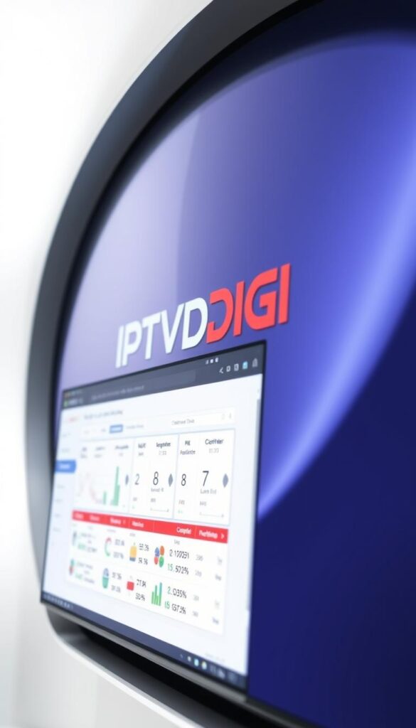 A sleek, modern IPTV reseller panel interface with the IPTVDIGI brand prominently displayed. The panel features a clean, minimalist design with intuitive navigation and clear data visualizations. The background has a sophisticated gradient, creating a professional and trustworthy atmosphere. Lighting is soft and diffused, with a subtle vignette effect. The camera angle is slightly elevated, giving an overview of the panel's functionality. The overall impression is one of a reliable, high-quality IPTV reseller platform.