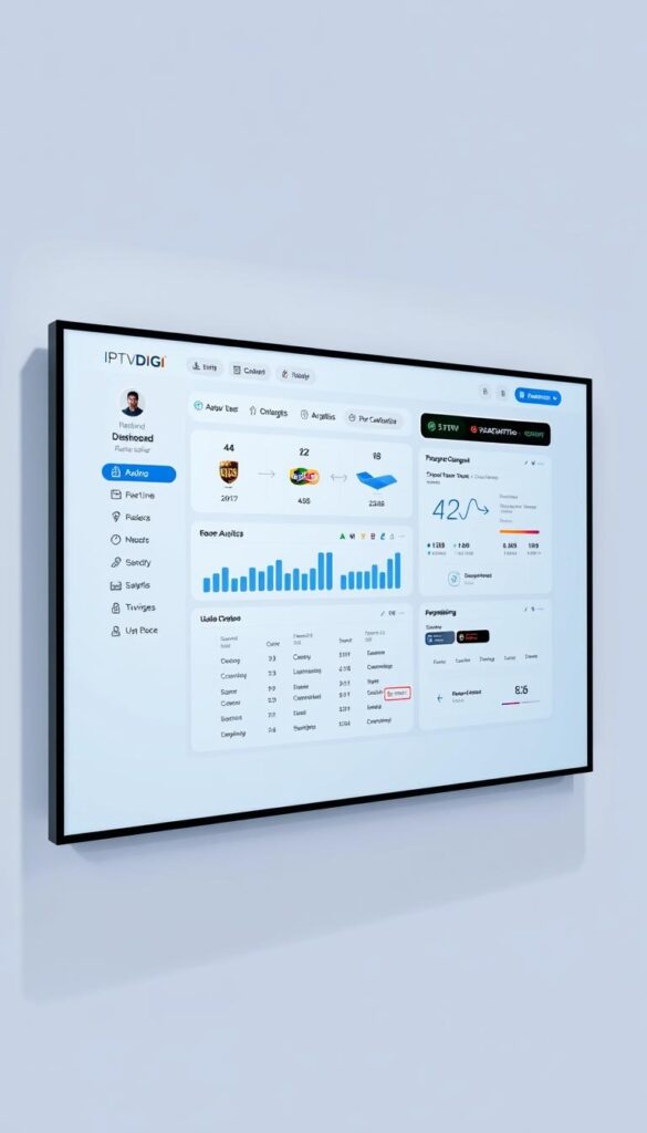 A sleek, modern IPTV reseller panel interface, with the IPTVDIGI brand prominently displayed. The panel showcases a clean dashboard, featuring intuitive navigation, real-time user and subscription analytics, and seamless payment integration. The layout is designed for optimal user experience, with a minimalist aesthetic and strategic use of white space, conveying professionalism and efficiency. Subtle lighting and shadows add depth, while the overall tone is one of sophisticated technology and business-oriented functionality.