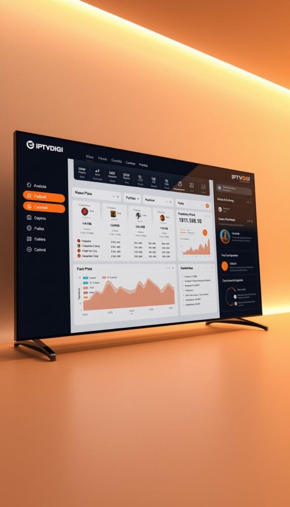 A sleek, modern IPTV reseller panel interface with the IPTVDIGI branding prominently displayed. The dashboard features a clean, intuitive layout with intuitive menus and icons. The main section showcases detailed subscription plans, channel lineups, and user management tools. The middle ground has elegant graphs and charts providing real-time analytics. In the background, a subtle gradient pattern adds depth and sophistication. Warm lighting creates a professional, business-oriented atmosphere. The overall design conveys a sense of control, efficiency, and reliability for IPTV resellers.